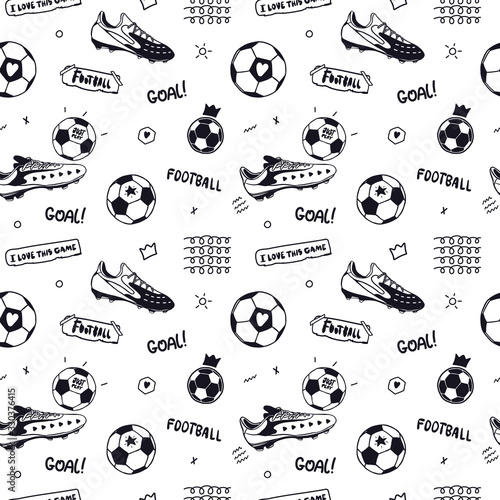 Seamless pattern with soccer ball, text and soccer sneakers. Sports background for the design of banners, flyers, print for a children's T-shirt.