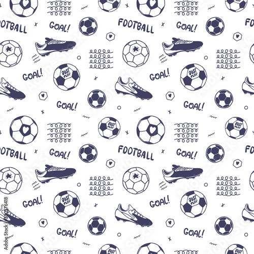 Seamless pattern with soccer ball, text, soccer boot. Sports background for boy, clothes, wrapping paper. Football wallpaper.