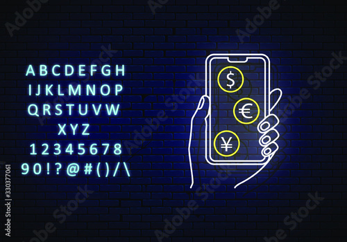 phone in hand, money management icon line neon