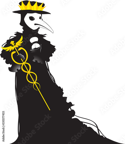 Coronavirus stylized as a black Venetian plague doctor.