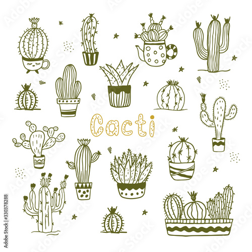 Vector set of outline cute cacti. Cartoon stile, doodle.