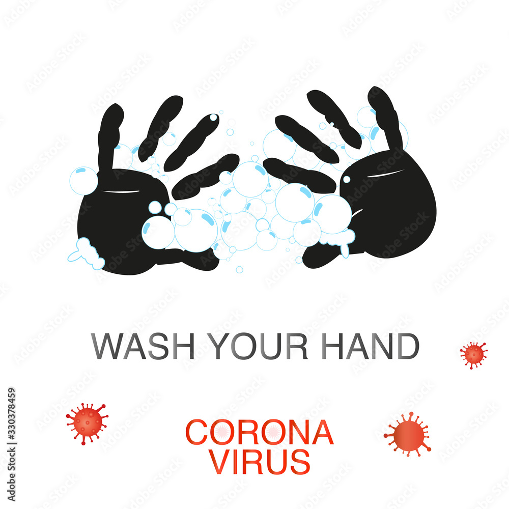 Fototapeta premium Wash your hands text with soap bubbles and Corona virus sign with black hand print. Covid 19 pandemic outbreak vector