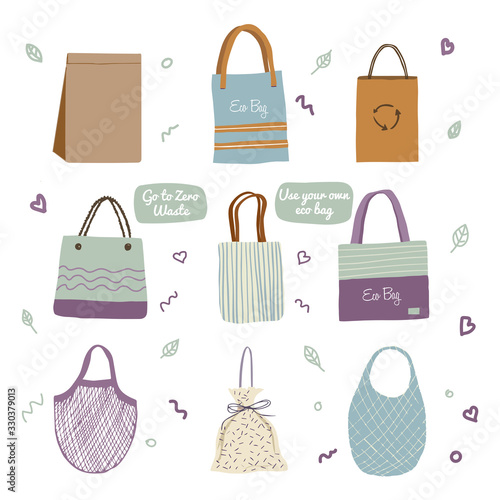 Vector hand drawn set of Eco bags. Zero waste. Shoppers.