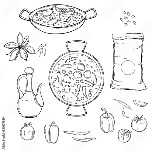 Paella set. Vector sketch illustration