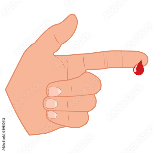 Diabetes icon vector illustration on isolated white background. A design consisting of a hand drawing and a drop of blood, symbolizing blood glucose measurement. Printable eps 10 format.