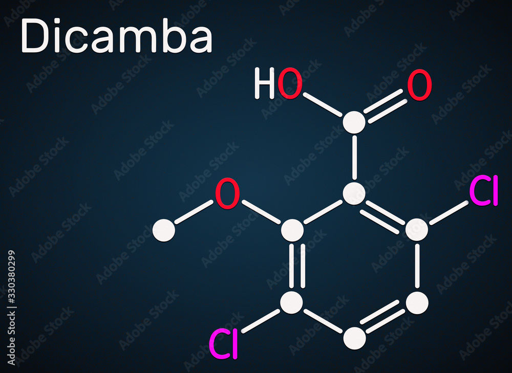 Dicamba C8H6Cl2O3 molecule. It is used as a herbicide. Skeletal chemical formula