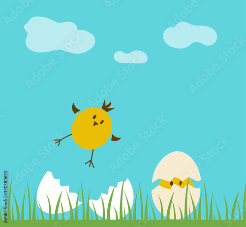 Vector image of birth of two chickens. Easter or birthday topic. 