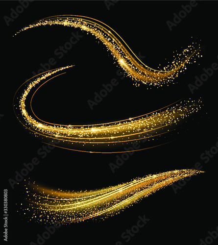 Golden shimmering waves with light effect isolated on black background. Glittering star dust trail. Abstract motion. Magic swirl lines