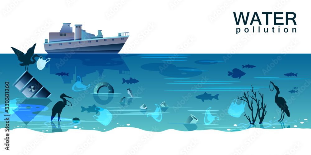 Water pollution concept with oil tanker, waste, plastic bags, bottles,  tire, barrel, birds, fish in trendy blue colors. Ocean contamination  background with copy space. Environment protection banner Stock Vector |  Adobe Stock