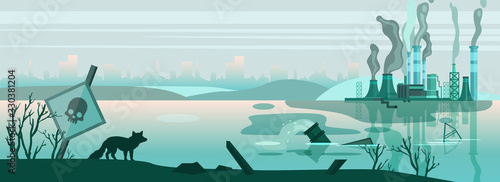 Urban horizontal banner with factory pipes emitting toxic smoke and sewage. Environment pollution concept in flat style. Plant near the river in grey colors with skull signboard and suffering fox 
