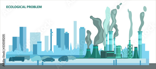 Environmental problem banner with big city and factory, traffic jam emitting carbon dioxide. Air pollution concept in flat style. Horizontal landscape in trendy blue colors for ecological projects 