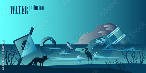 Water pollution concept in trendy blue colors with skull signboard, suffering animals and birds, plastic, garbage, sewage pipes. Environmental chemical and plastic pollution background.