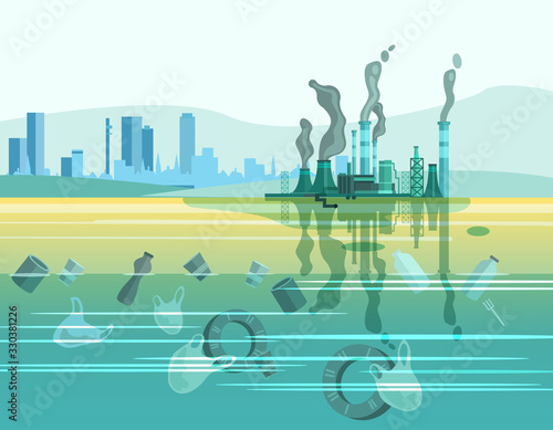 Ecological problem concept with factory emitting vapor, cityscape, dirty water, plastic trash and tires.  Urban landscape in flat style. Air and water pollution banner for environmental projects