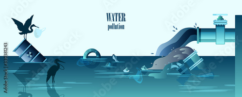 Water pollution horizontal banner with pipes emitting dirty water, waste, birds and radioactive barrel. Ecological concept in flat style in trendy blue colors with copy space.