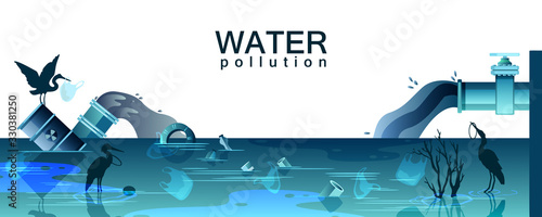 Water pollution banner with dirty pond, plastic bags, suffering birds. Background in trendy blue colors with huge pipes dumping chemicals into the river. Environmental concept in flat style