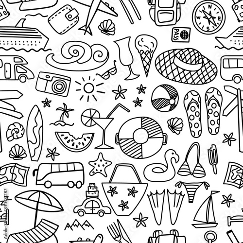 Seamless pattern with summer travel hand drawn icons on white background. Beach doodles print. Vector illustration.