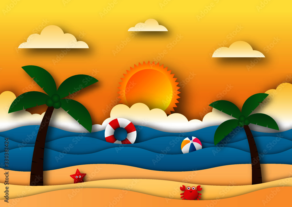 Fototapeta hello summer with beach landscape background. paper art style. vector Illustration.