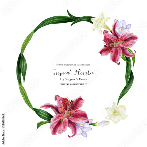 Bild auf Leinwand Tropical round wreath with stargazer lily and white freesia, watercolor with cli