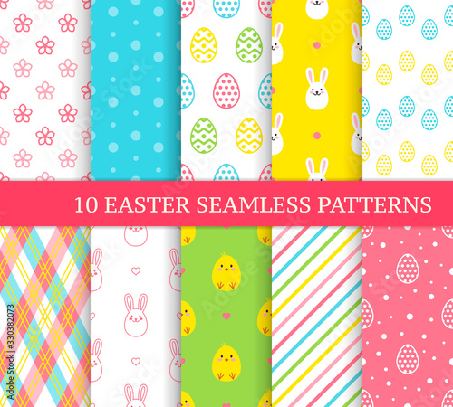 Ten different Easter seamless patterns. Endless texture for wallpaper, fill, web page background, texture. Colorful cute background with Easter bunnies, chicks and ornate eggs.