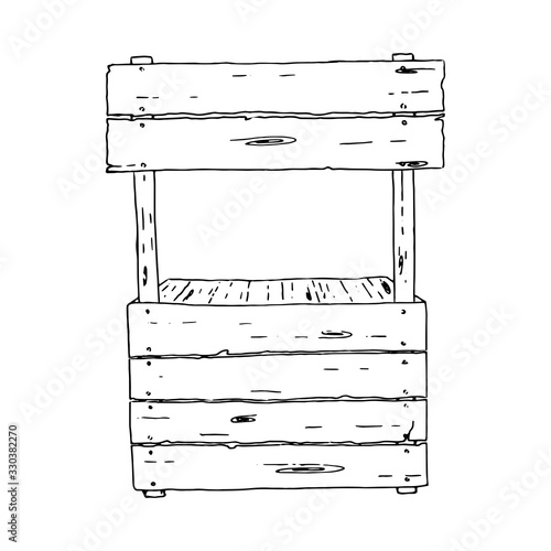 Vector illustration. Empty wooden street counter for sell lemonade, fruits, coffee isolated on white background. Hand drawn simple doodle clipart. Perfect for food banners, menu, advertisement.