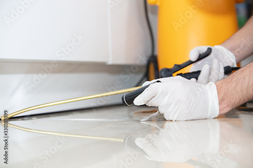 pest control worker With Flashlight  Spraying Insecticide
