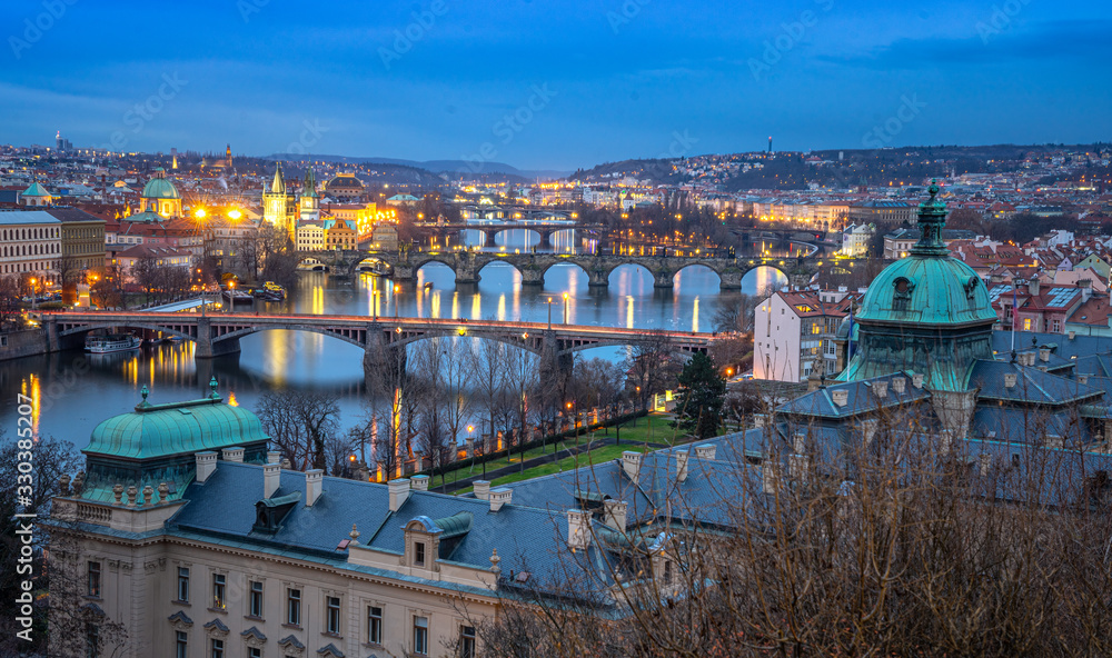 Blue hour bridges view of Prague