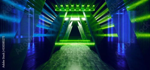 Futuristic Laser Neon Triangle Glowing Pantone Blue Green Concrete Construction Tunnel Garage Underground Corridor Stage Studio Club Spaceship 3D Rendering