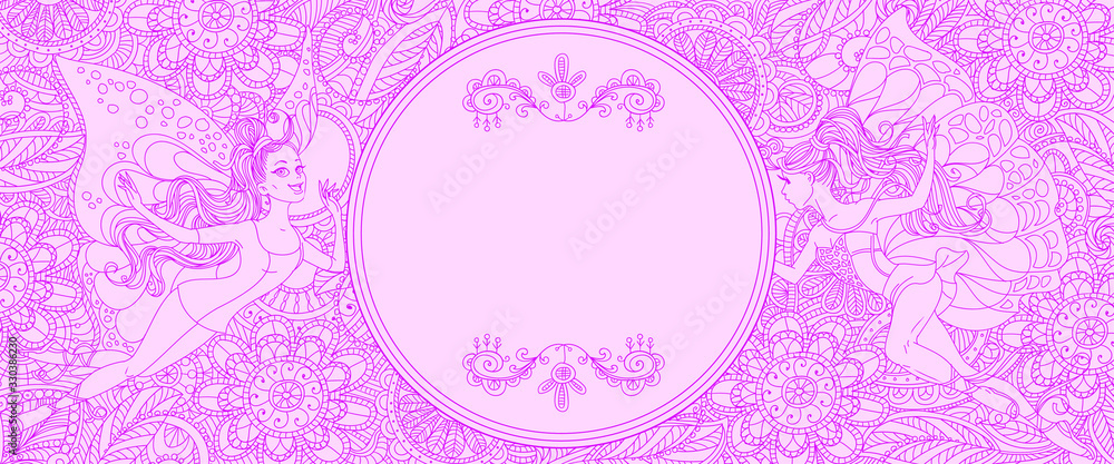Vector card with floral openwork pattern and fairies. With a center spot for the headline. Freehand drawing. Fuchsia color outline on a pink background.