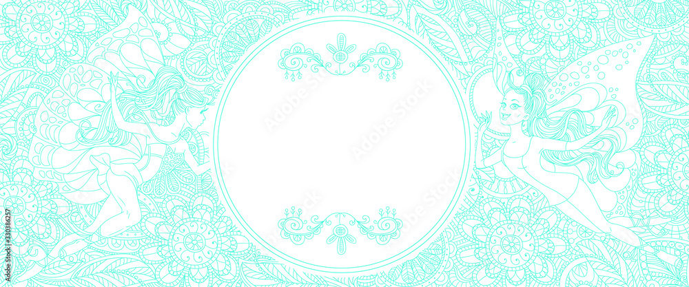 Vector card with floral openwork pattern and fairies. Central to the headline. Freehand drawing. blue outline on a white background.