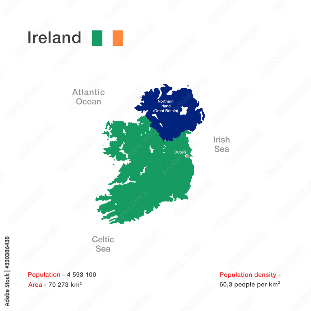 Vector image map of Ireland. Statistics of population, area and