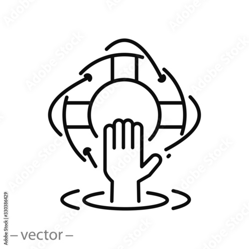 life buoy with hand on beach icon, life safety belt on sea, lifeguard help, survival logo, thin line web symbol on white background - editable stroke vector illustration eps10