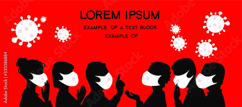 People in protective masks discuss the problems of the viral epidemic. Surrounded by conditioned bacteria. Information of the population. Discussions around an exciting topic about the disease.