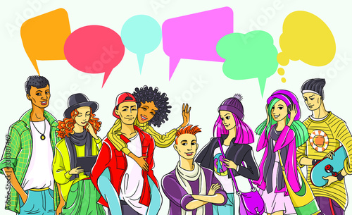 Group of modern young people conducting dialogs with colorful speech bubbles.