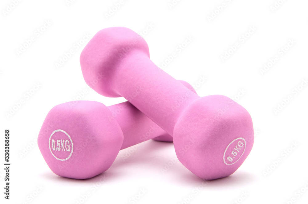 Two of Pink dumbbells Isolated on white background. Two of Pink dumbbells Isolated on white background.