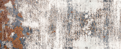 Rusty white gray weathered metal wall texture, with space for text, background panorama banner