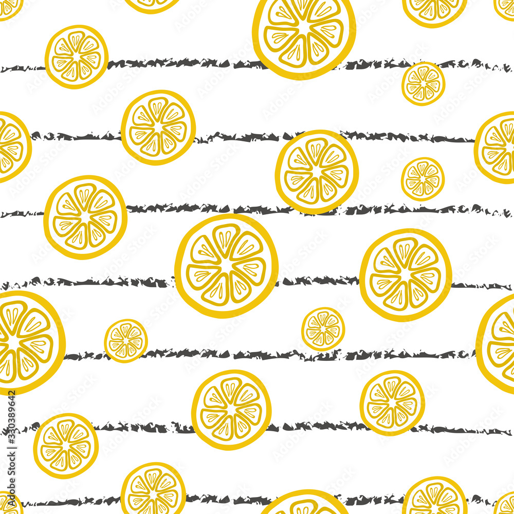 Seamless vector hand drawn pattern with lemon slices on the vertical striped background. It can be use for fabric, packaging, labels, wrapping paper or background of something else.