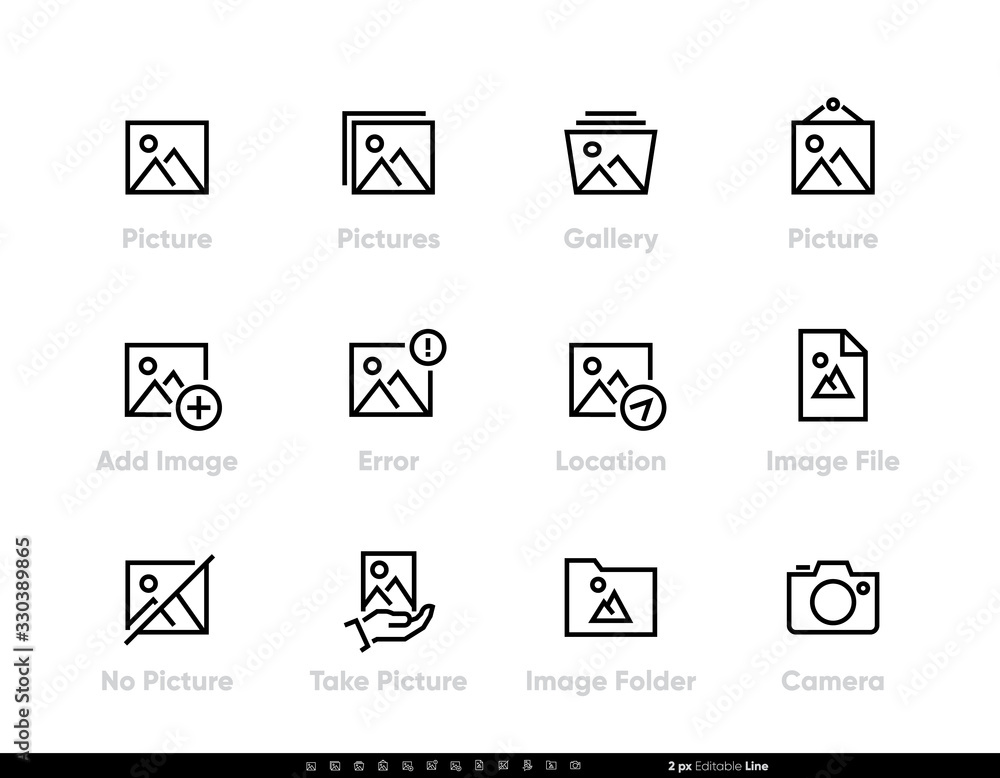 Picture and Image icons. Photo, Gallery, File, Folder, Camera pictograms set. Editable Line Vector Symbols Illustration for Web Design and Mobile App on white Picture and Image icons. Photo, Gallery, File, Folder, Camera pictograms set. Editable Line Vector Symbols Illustration for Web Design and Mobile App on white