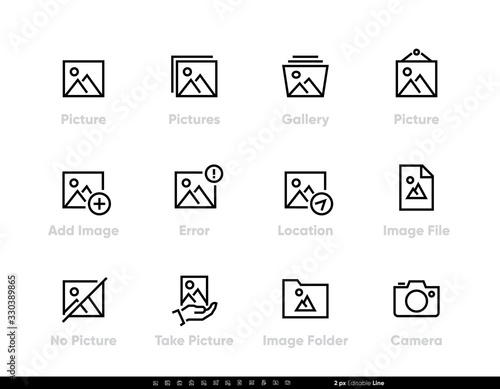 Picture and Image icons. Photo, Gallery, File, Folder, Camera pictograms set. Editable Line Vector Symbols Illustration for Web Design and Mobile App on white photo