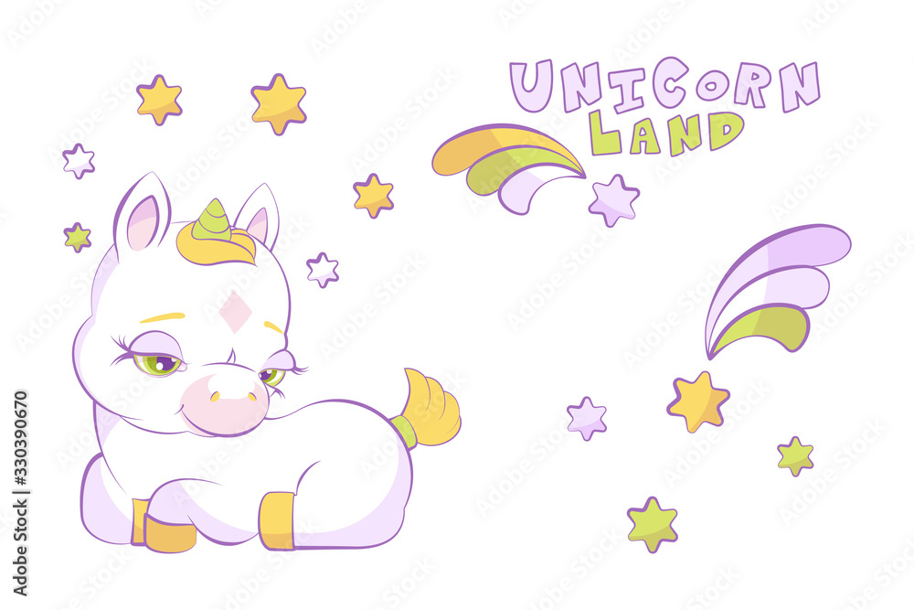 Fototapeta premium Cute little white unicorn in a star wreath and shooting star