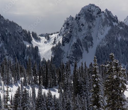 Snow covered Tatoosh Mountain Range in Mt Rainier National Park