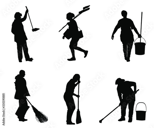 Cleaning lady wit broom. Housemaid cleaner with besom vector silhouette Isolated on white. Woman floor care service with washing mop in sterile factory or clean hospital. Housework job. House wife.