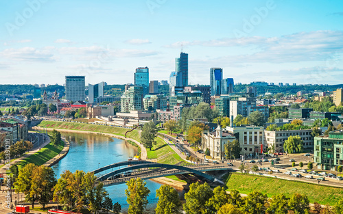 Neris River and Financial district with skyscrapers of Vilnius