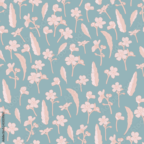 Vector floral seamless pattern with beige forget me not flowers, leaves on blue background