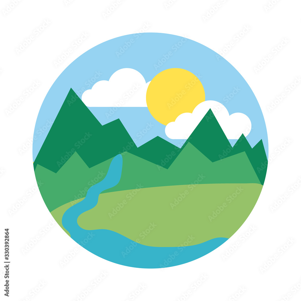 landscape scene with mountains ans river flat style icon