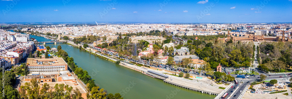 Sevilla city. Beautiful Aerial Panorama Shot. Centre and its landmarks,, Spain, Seville