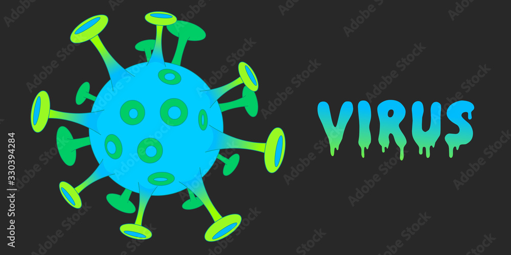 Virus bacteria cell. Corona, SOLID 19,  2019 - nCoV, SARS icon. Blue, green  Coronavirus cell. Diseased, runny slimy virus script. Dark background. Medical illustration Vector
