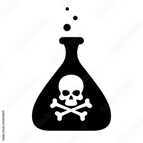 Icon of a glass bottle with poison and a skull with crossbones on a white background. Vector illustration