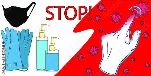 Coronovirus protection vector image. Gloves, soap, antibacterial, face mask, hands, bacteria, inscription stop. Virus Prevention Concept.
