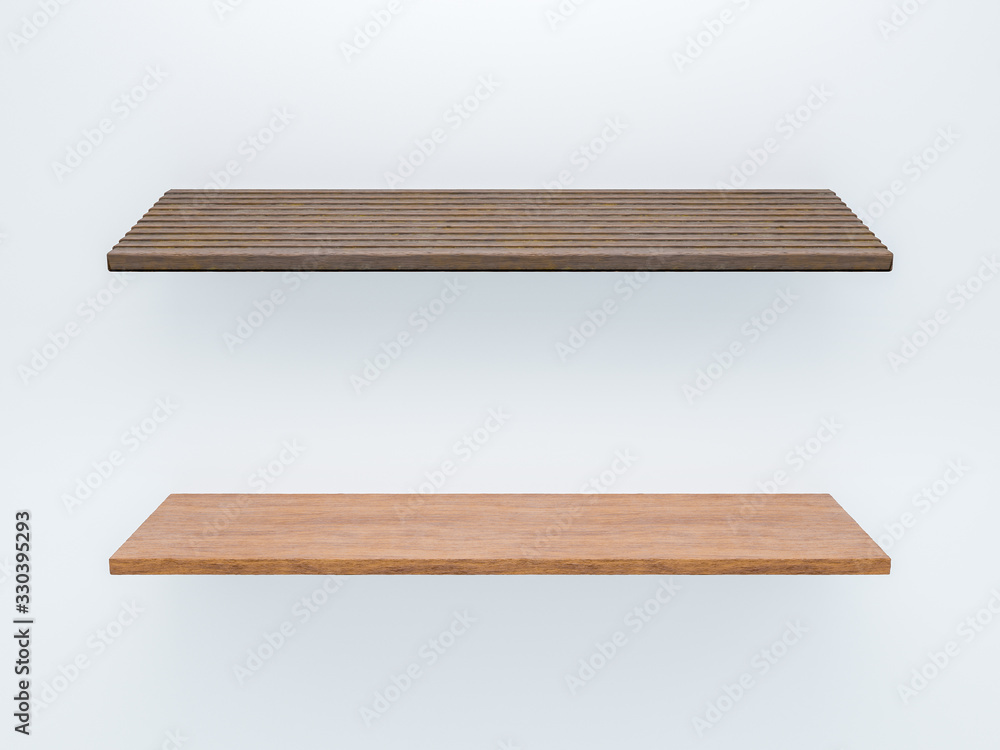 3D image set of two wooden shelf with different wood textures rough red and dark planks. Design template on isolated gray background 3D image set of two wooden shelf with different wood textures rough red and dark planks. Design template on isolated gray background