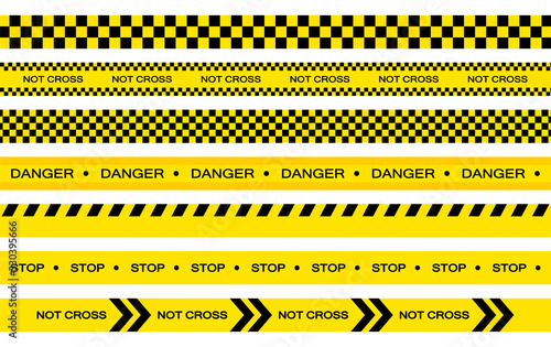 Vector set of restriction tapes, police line, crime scene investigation. Collection of danger caution stripes. © mariyapvl